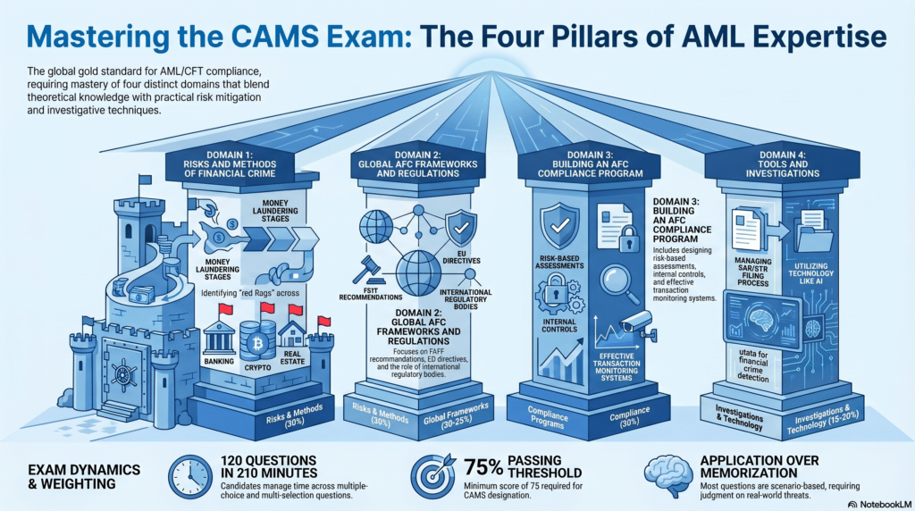 Infographic showing the four CAMS exam AML domains: financial crime risks, global AFC frameworks, compliance programs, and investigation tools.