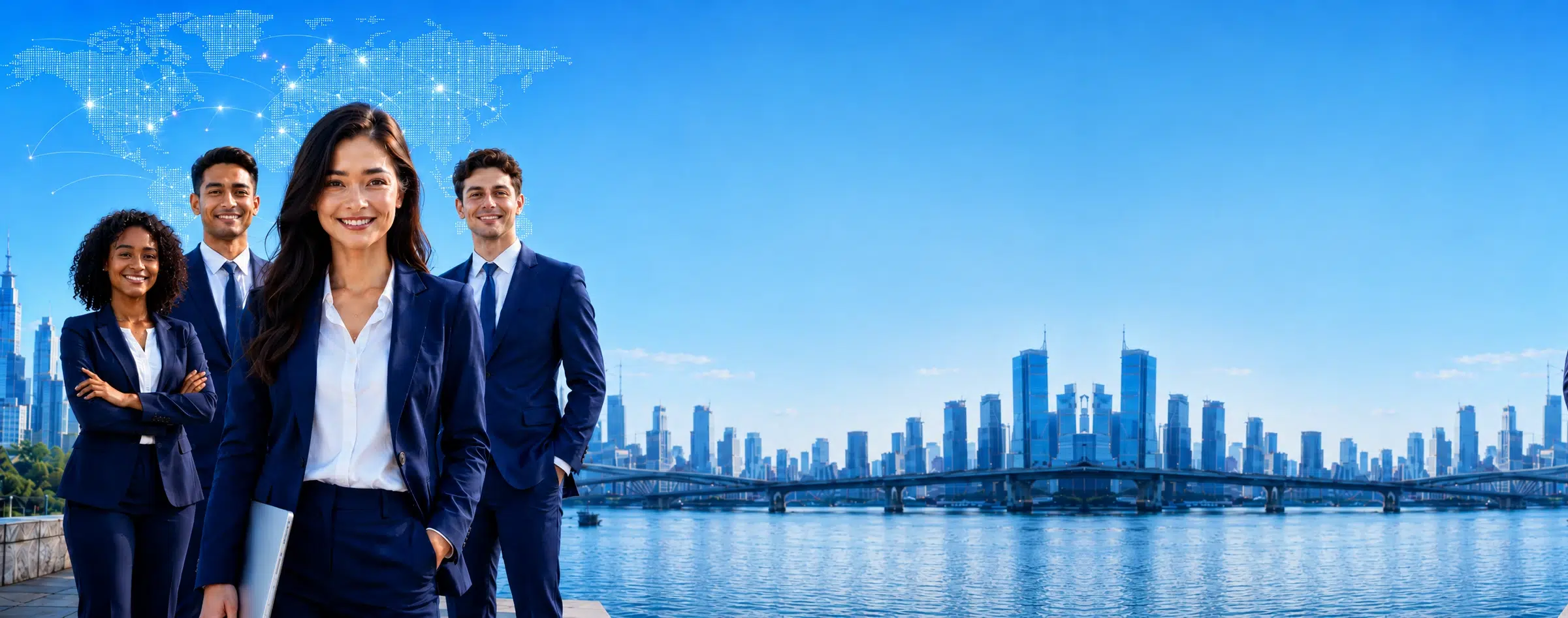 Team of AML compliance professionals in front of a global city skyline