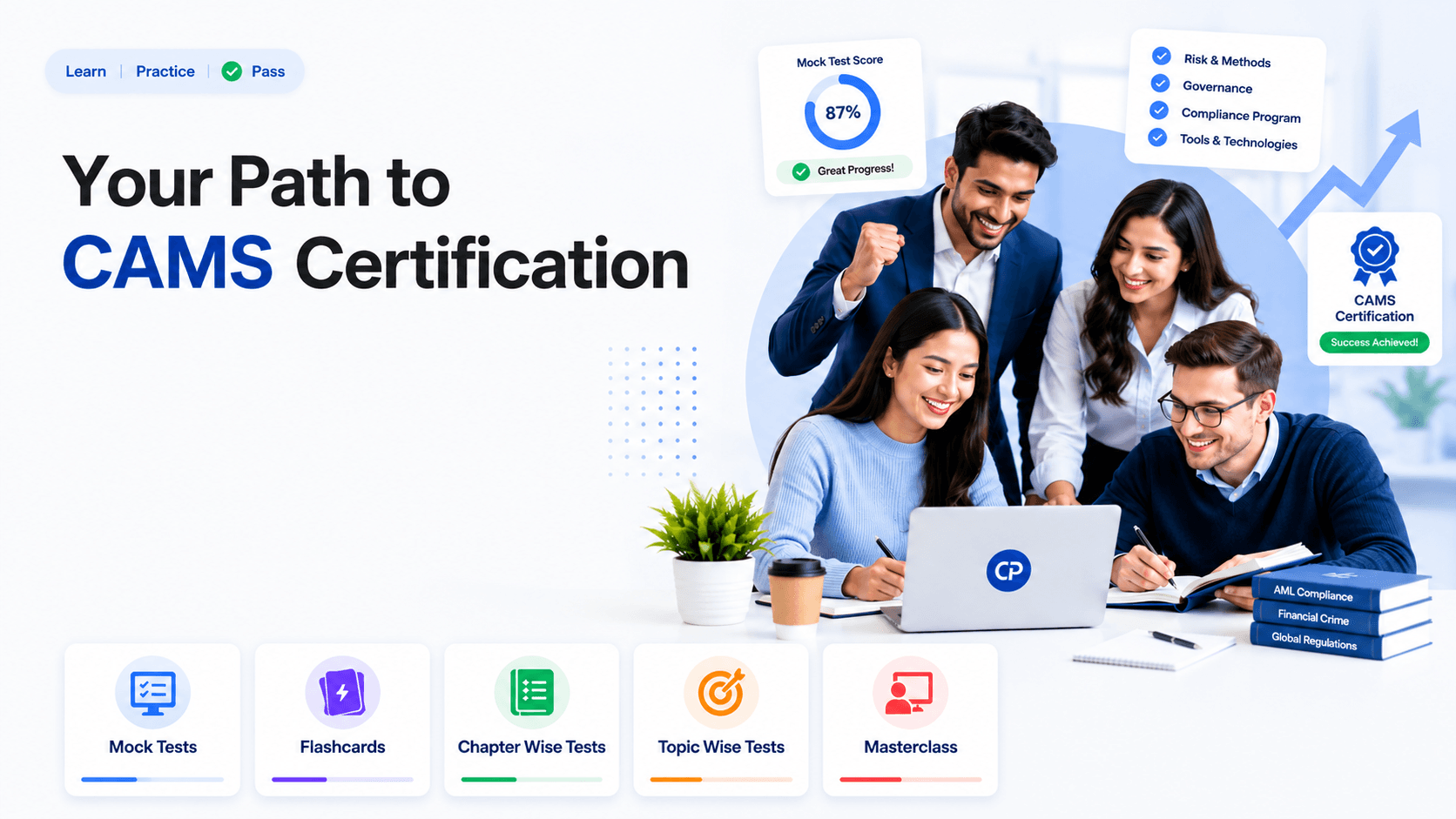 Your Path to CAMS Certification &mdash; pass the CAMS exam on your first attempt with CAMS Prep mock tests, flashcards, chapter-wise and topic-wise tests, and masterclasses.